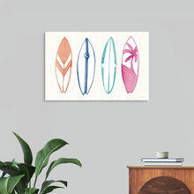  Mercedes Lopez Charro's "Laguna Surfboards I" is a vibrant and playful depiction of four colorful surfboards, each with its own unique design. The watercolor technique creates a sense of lightness and energy, capturing the essence of summer and the spirit of surfing. This cheerful print is perfect for adding a touch of beachy charm to any home or office, transporting viewers to the sunny shores of California.