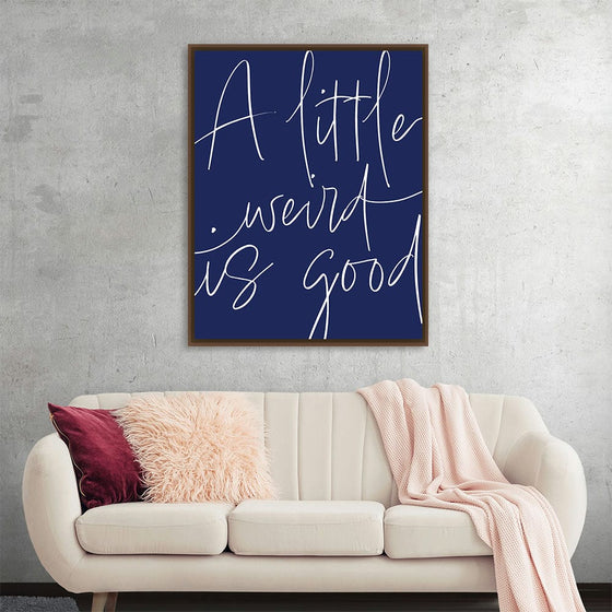 “Words of Encouragement I” by Sarah Adams is a captivating blend of simplicity and profound insight. Against a deep navy backdrop, elegant white script delivers an uplifting message: “A little weird is good.” This print isn’t just art; it’s a daily reminder to embrace our uniqueness and celebrate our quirks.