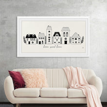  Sarah Adams' "Little Houses I" is a heartwarming and whimsical depiction of a charming village street. The simple, black and white design features a row of adorable houses, each with its own unique character. The phrase "Home Sweet Home" adds a touch of sentimentality, making this print the perfect addition to any home. This charming piece is sure to bring a sense of warmth and joy to your living space.