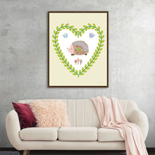  "Time to Bloom V Vertical" by Mercedes Lopez Charro is a delightful piece that captures the essence of nature's beauty. A charming hedgehog, adorned with colorful leaves and flowers, stands amidst a heart-shaped frame of lush greenery. 