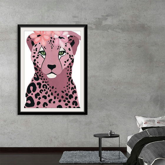 “Royal Cheetah” by Yvette St. Amant: Immerse yourself in the mesmerizing gaze of this captivating artwork. Against a soft blue background, a meticulously rendered tiger’s face emerges, adorned with delicate pink blossoms. Each stroke, each hue is meticulously crafted to bring to life a harmonious blend of strength and elegance. 