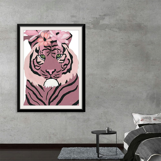“Royal Tiger” by Yvette St. Amant: Immerse yourself in the mesmerizing gaze of this captivating artwork. Against a soft blue background, a meticulously rendered tiger’s face emerges, adorned with delicate pink blossoms. Each stroke, each hue is meticulously crafted to bring to life a harmonious blend of strength and elegance. 