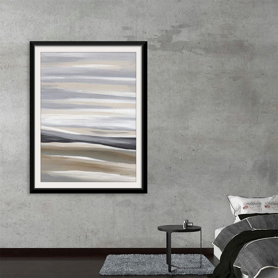 Immerse yourself in the serene beauty of this exquisite artwork, now available as a premium print. This abstract painting features horizontal brush strokes and employs a muted color palette consisting mainly of various shades of grey, white, and cream.