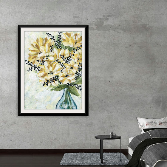 “Sunflowers” by Yvette St. Amant is a vibrant floral masterpiece that breathes life into any room. The bouquet of bright yellow sunflowers, meticulously rendered, radiates warmth and energy. Each petal and stem dances with the sun’s touch, capturing the essence of a sunlit garden. The artwork is framed in a sleek black L-shape frame, adding a touch of elegance. 