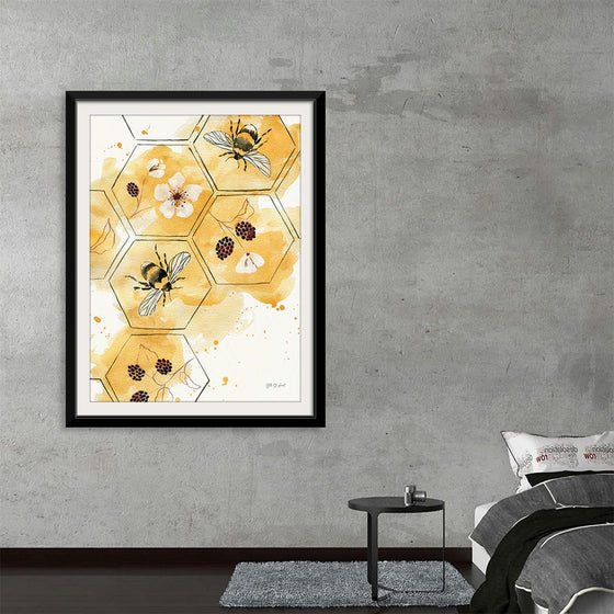 “Sunny Bees II” by Yvette St. Amant invites you to a captivating exploration of boundless possibilities. This exquisite print captures the harmonious dance of bees around a meticulously detailed beehive, set against a backdrop of golden honeycombs and a radiant sunflower. 