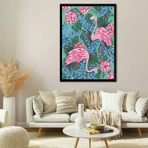 Maximalist Flamingos by Yvette St. Amant is a vibrant and playful acrylic painting that captures the essence of tropical paradise. Two elegant flamingos, in shades of pink and blue, are depicted amidst a lush jungle of vibrant flowers and exotic foliage. The artist's bold use of color and intricate details create a sense of energy and joy. This captivating artwork is a perfect addition to any space seeking a burst of tropical inspiration.