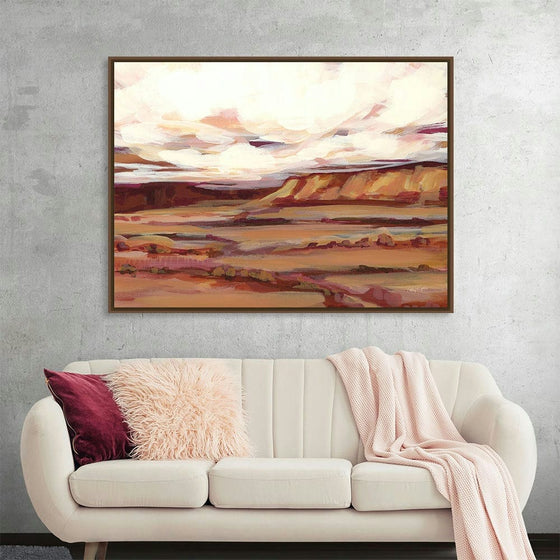 Mauve Mesa I by Haley Knighten is a captivating acrylic painting that evokes the serene beauty of the American Southwest. The artist's use of soft, muted tones creates a peaceful atmosphere, while the bold strokes of color highlight the rugged terrain of the mesa. The interplay of light and shadow on the distant cliffs and the vast expanse of the sky invite the viewer to immerse themselves in the tranquility of this breathtaking landscape.