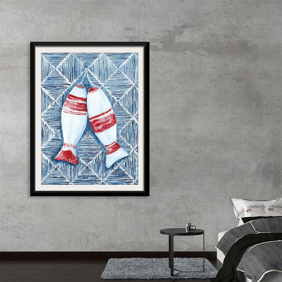 Dive into the serene and intricate world of Yvette St. Amant’s “Nautical Fish Buoys”. This exquisite print captures the tranquil beauty of two fish buoys, adorned in red and white, floating amidst a sea of mesmerizing blue patterns. Every stroke, every detail, is a testament to St. Amant’s mastery in bringing nautical charm to life. 