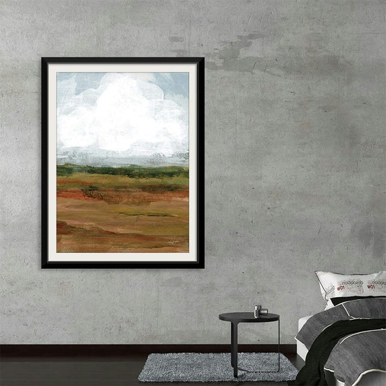 Immerse yourself in the serene beauty of this exquisite artwork, now available as a premium print. This abstract landscape painting features broad horizontal bands of color representing land and sky. 