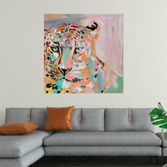 This captivating artwork features a stylized portrait of a leopard, rendered with bold and expressive brush strokes that give it a vibrant, almost ethereal quality. This piece would make a stunning print for anyone looking to add a touch of wild elegance and artistic flair to their space. Its unique interpretation of one of nature’s most majestic creatures is sure to be a conversation starter and an enchanting focal point in any room.&nbsp;