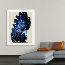  Immerse yourself in the vibrant and captivating essence of the avian world with this exquisite print. The artwork showcases a close-up portrait of a bird, possibly a cockatoo, rendered in striking shades of blue against a contrasting beige background. 