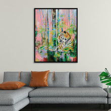  Step into a world of vibrant enchantment with “Beautiful Stranger” by Heylie Morris. This captivating print features a majestic tiger in serene repose among slender, abstract trees, brought to life with vivid colors and expressive brushstrokes. 