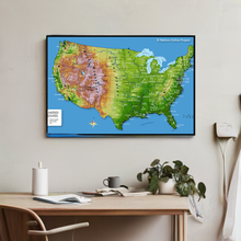  This vibrant print of the United States map is a perfect blend of artistry and education. Each state is meticulously outlined and labeled, while the topographical details bring the diverse terrains of the country to life. The colors transition from the brown of the mountainous regions to the green of the plains and forests, and the blue of the bodies of water.