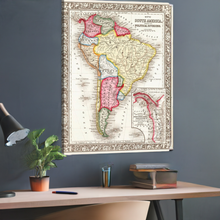  This exquisite print of an antique map of South America is a testament to the continent’s diverse culture and geography. Each country is outlined in vibrant hues, inviting you on a journey through South America’s storied past. 